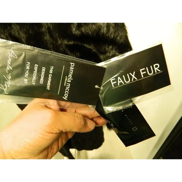 Pamela McCoy Collection Black Faux Fur Long Coat Size L 52" Long With Tags New - Picture 4 of 16
